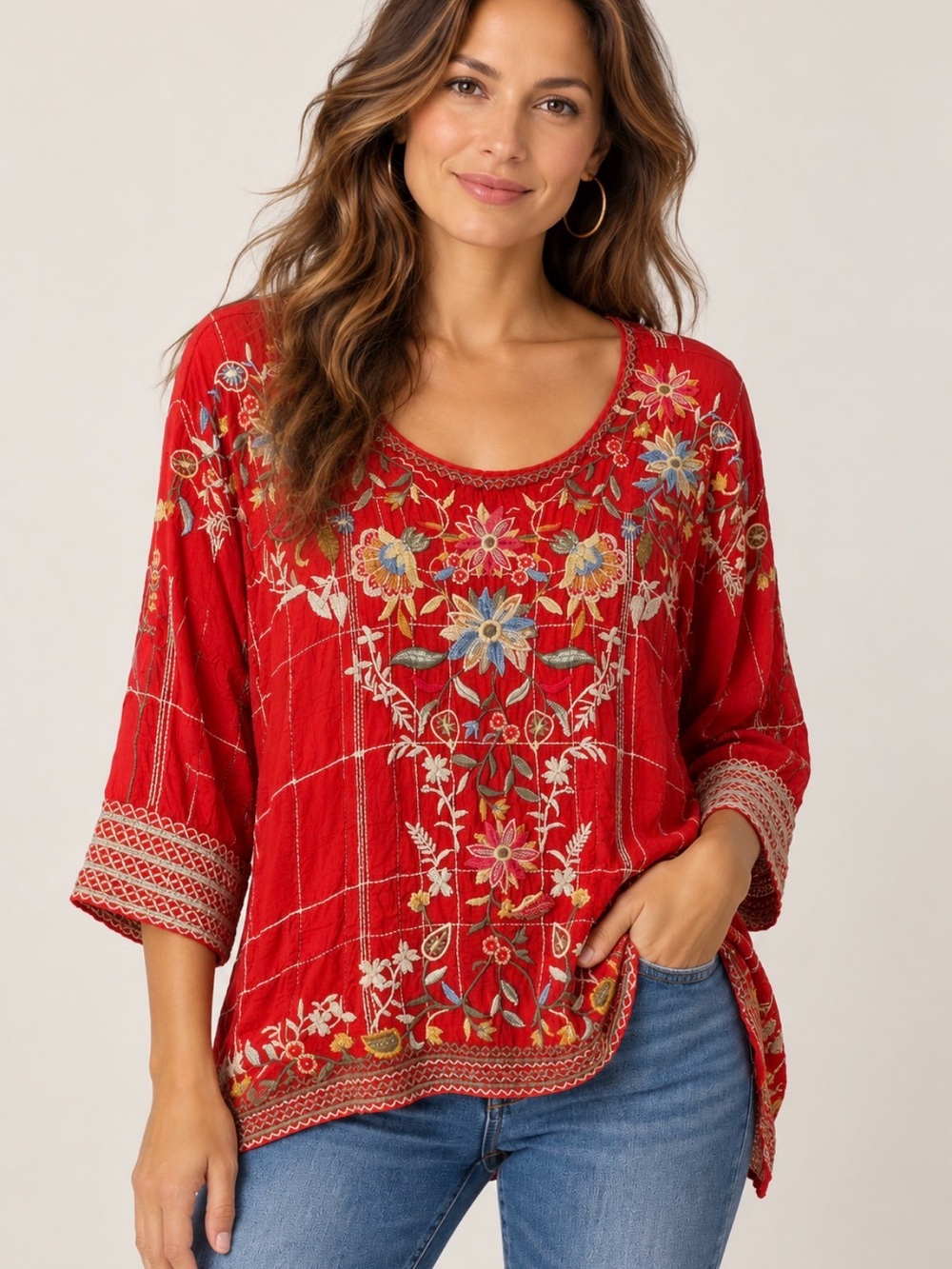 Johnny Was Red Floral Embroidered Scoop Neck Tunic